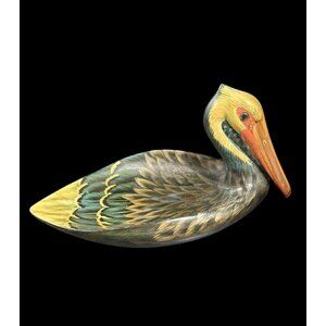 Vintage Hand Carved & Painted Wooden Glass Eyed Pelican Bird Trinket Dish 9"x5"
